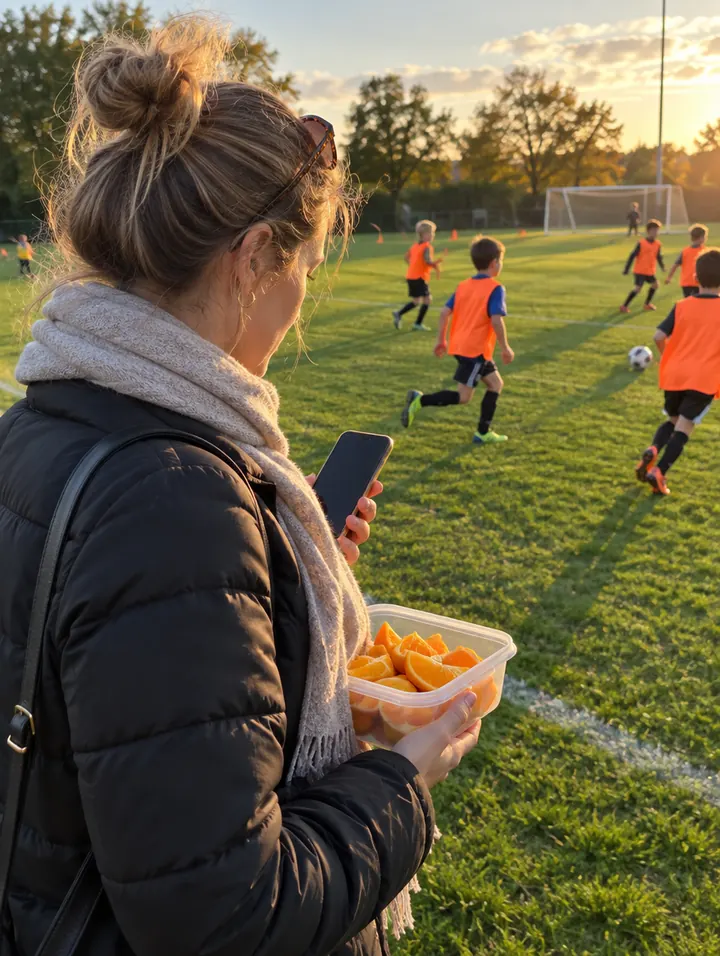 En forælder med appelsinbåde til børnenes fodboldtræning