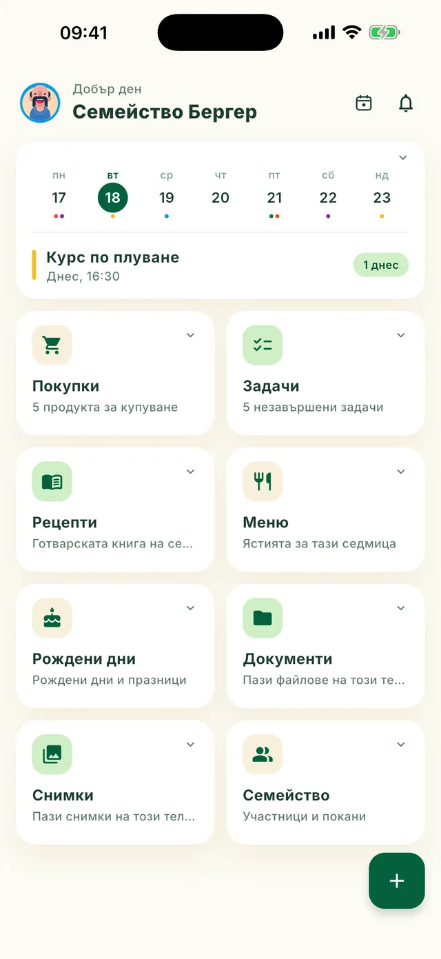 Начален екран на Daili с плочки на функциите