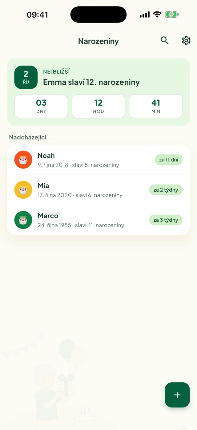 Nadcházející narozeniny v aplikaci Daili