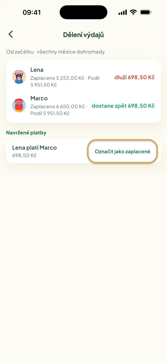 Dělení výdajů v aplikaci Daili: kdo komu dluží a Označit jako zaplacené