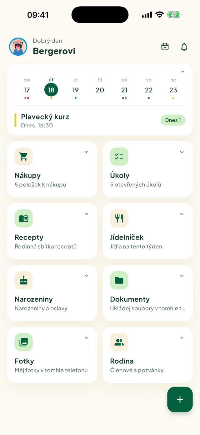 Úvodní obrazovka Daili s dlaždicemi funkcí