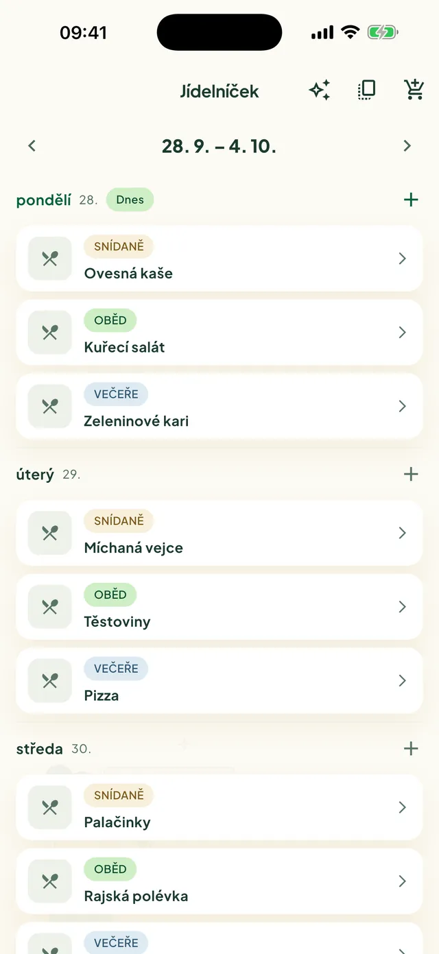 Jídelníček na týden v aplikaci Daili