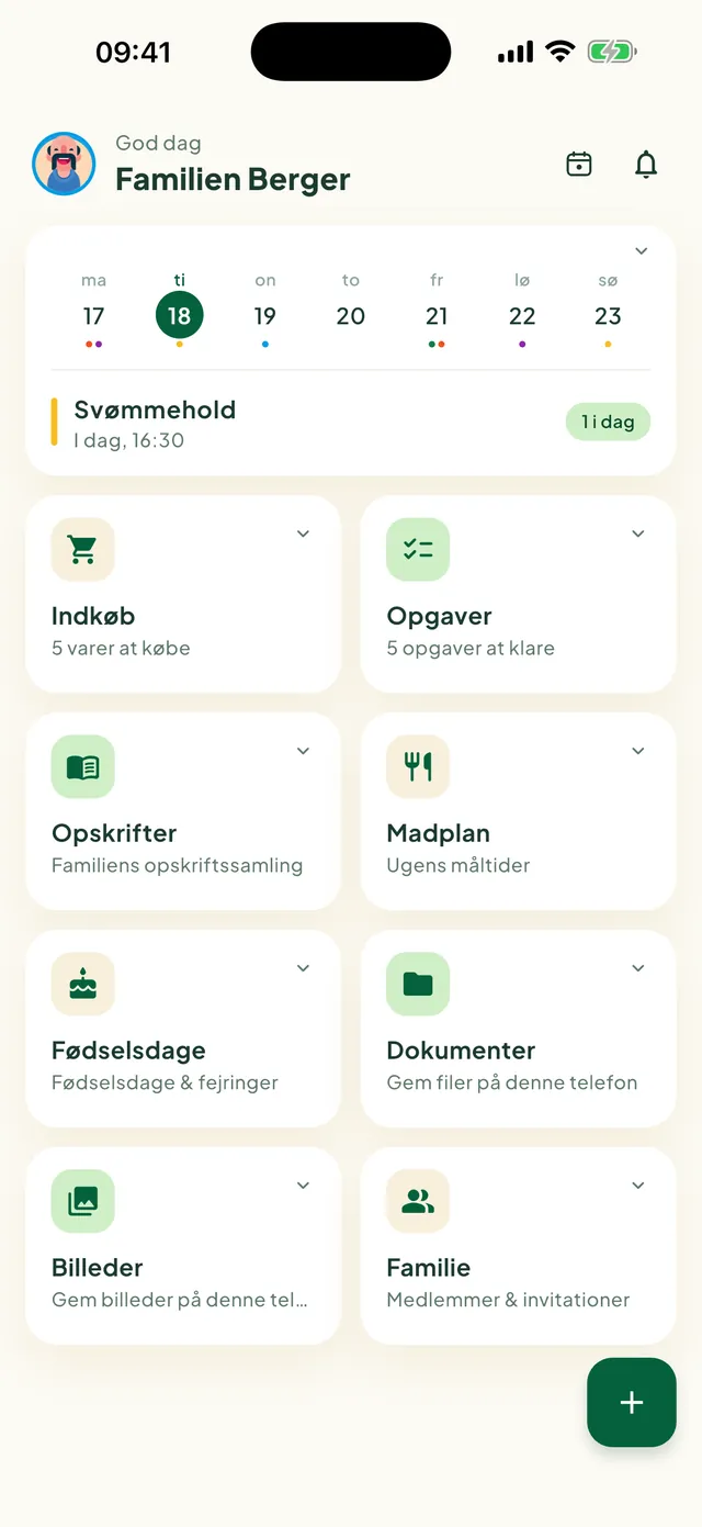 Startskærmen i Daili med felterne til funktionerne