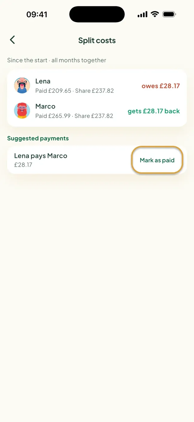 Split costs in the Daili app: who owes whom, and Mark as paid