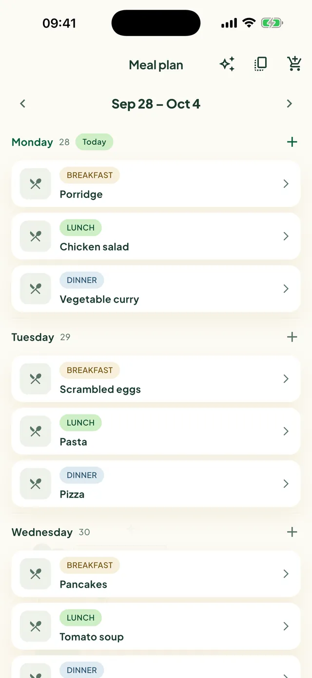 The week’s meal plan in the Daili app