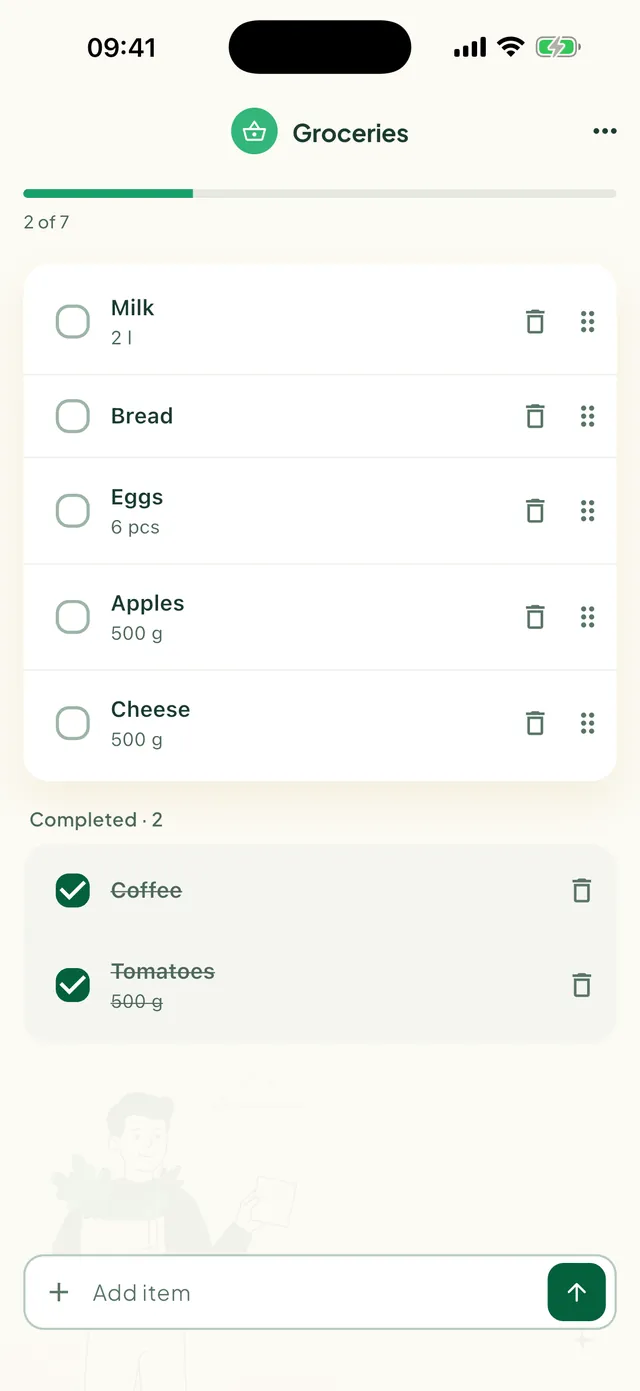 A shared shopping list in the Daili app