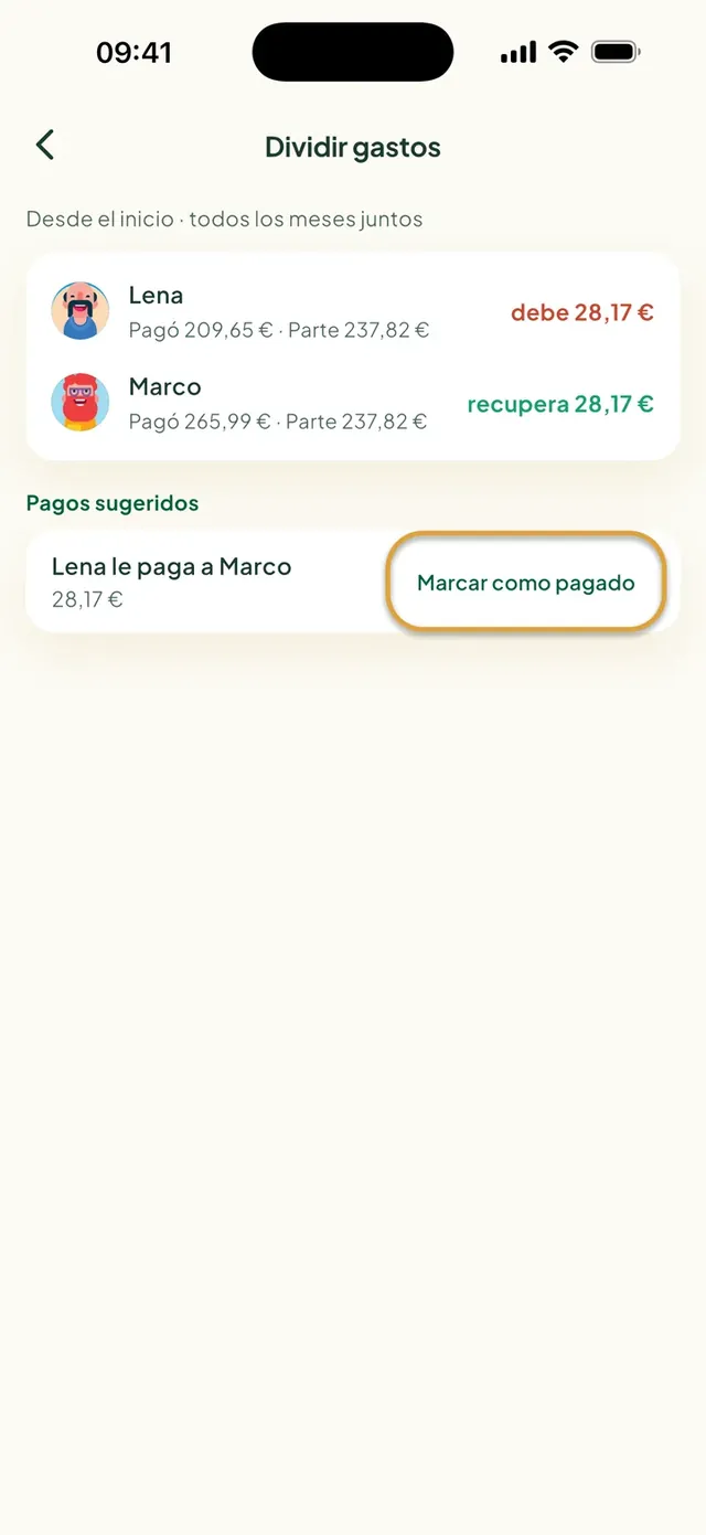 Dividir gastos en la app Daili: quién debe a quién y Marcar como pagado