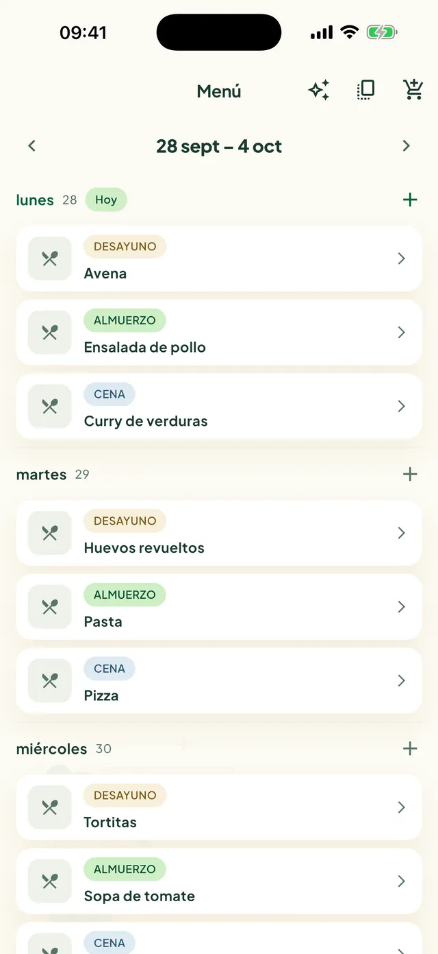 El menú de la semana en la app Daili