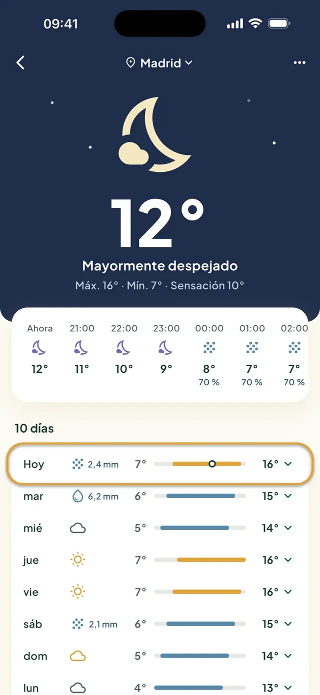 La previsión del tiempo en la app Daili