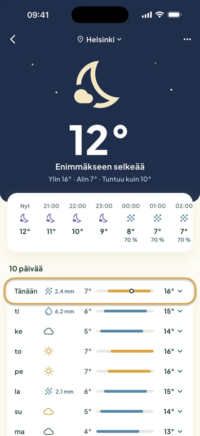 Sääennuste Daili-sovelluksessa