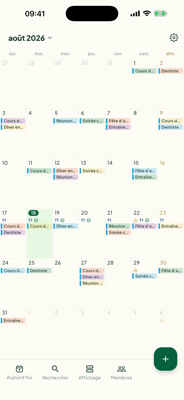 Agenda mensuel avec des pastilles d'événements