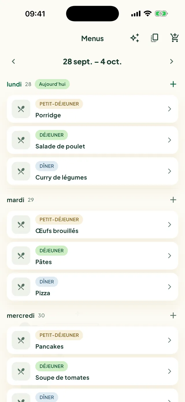 Les menus de la semaine dans l’app Daili