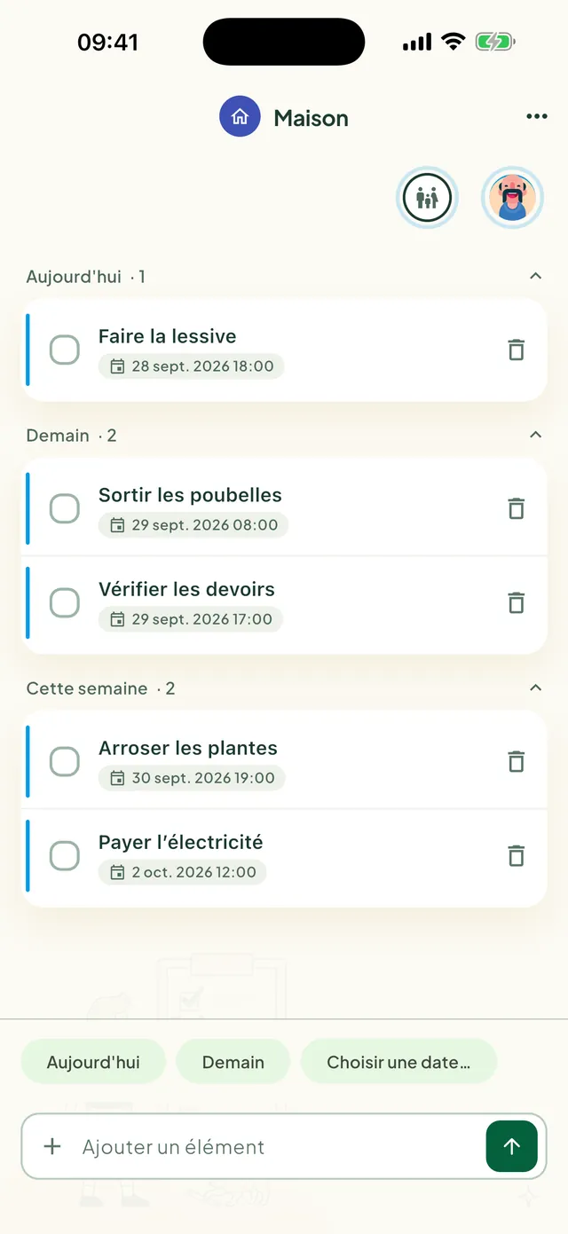 Une liste de tâches partagée dans l’app Daili