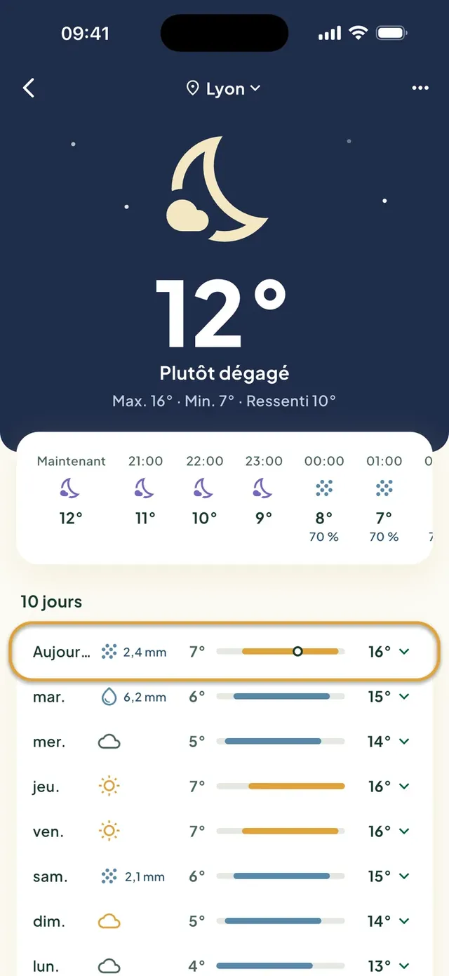 Les prévisions météo dans l’app Daili