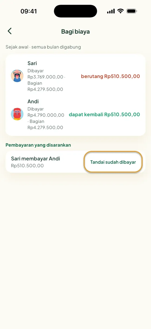 Bagi biaya di aplikasi Daili: siapa berutang ke siapa, dan Tandai sudah dibayar