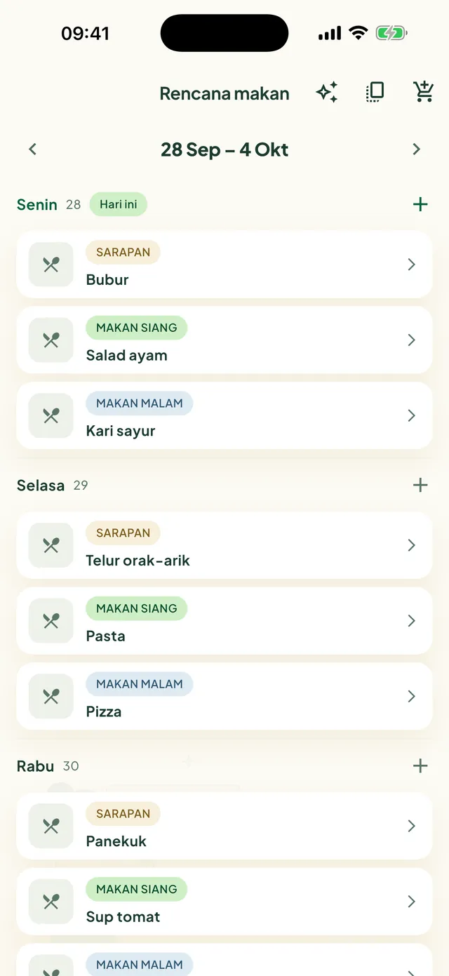 Rencana makan minggu ini di aplikasi Daili