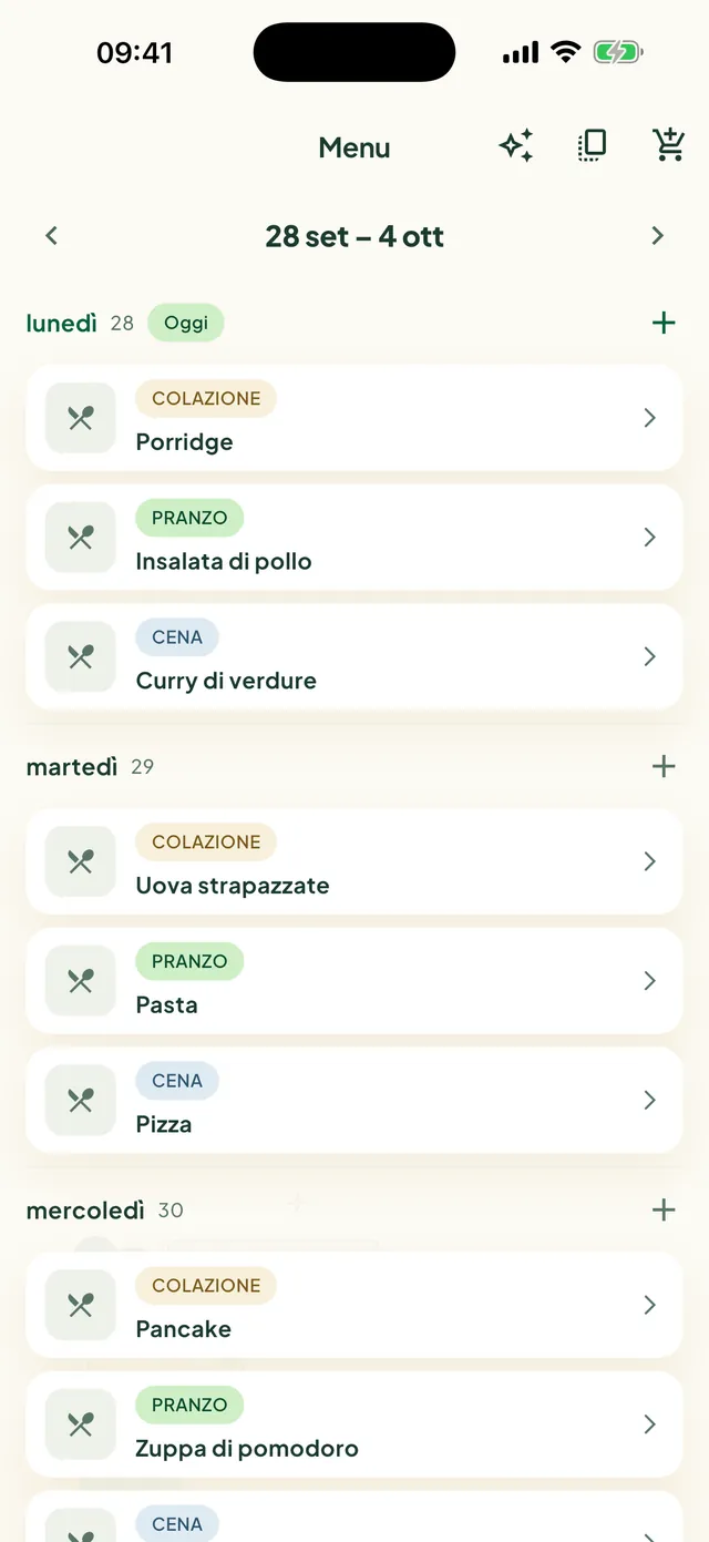 Il menu della settimana nell’app Daili