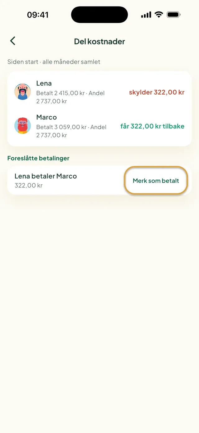 Del kostnader i Daili-appen: hvem skylder hvem, og Merk som betalt