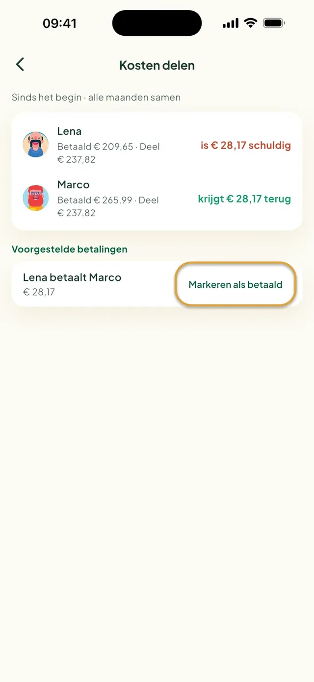 Kosten delen in de Daili-app: wie wie wat schuldig is, en Markeren als betaald