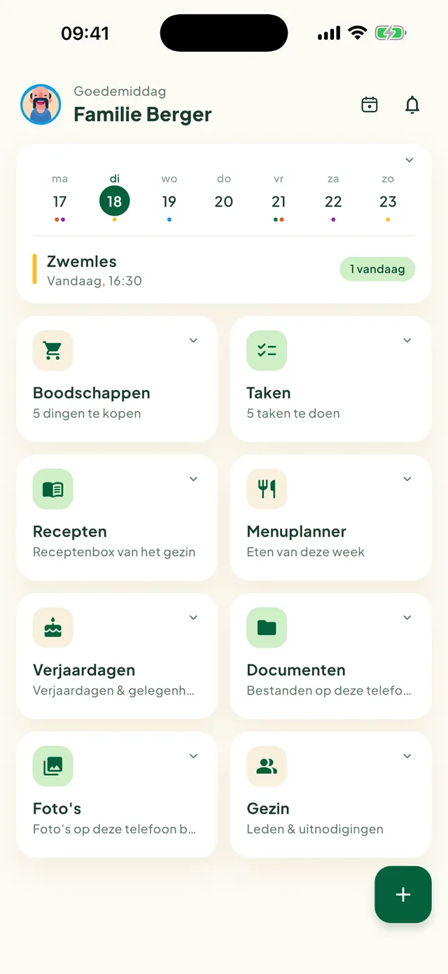 Beginscherm van Daili met de tegels van de functies