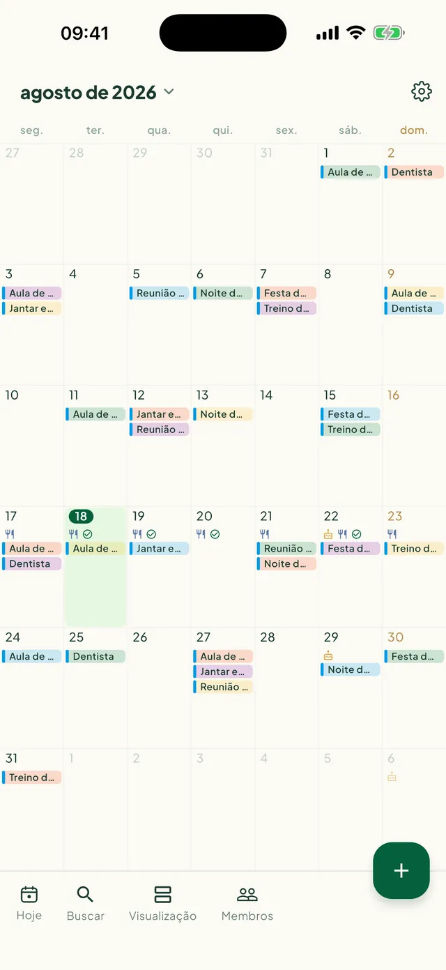 Calendário mensal com etiquetas de compromissos