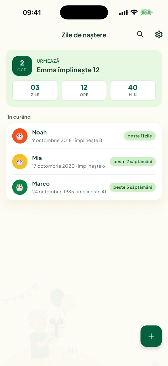 Zilele de naștere care urmează în aplicația Daili