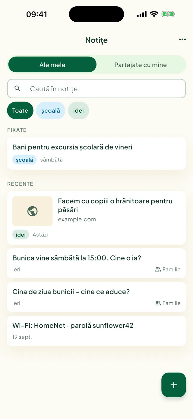 Notițele familiei în aplicația Daili