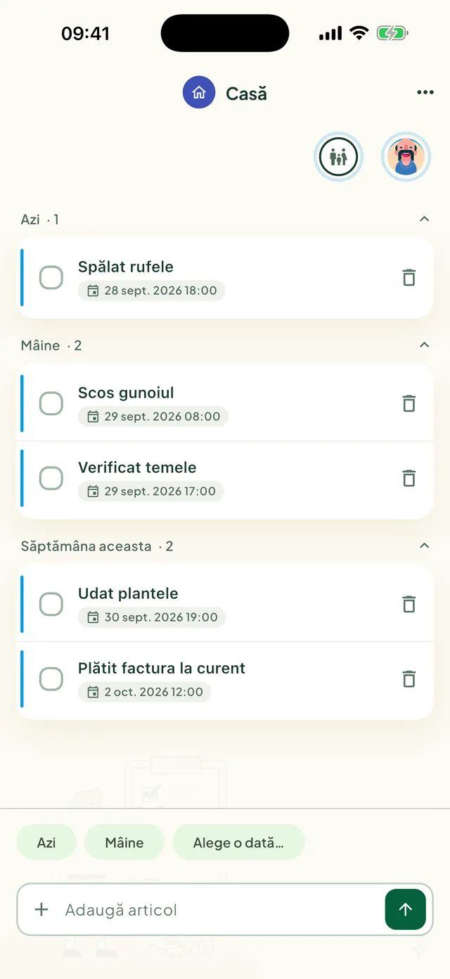 O listă de sarcini comună în aplicația Daili