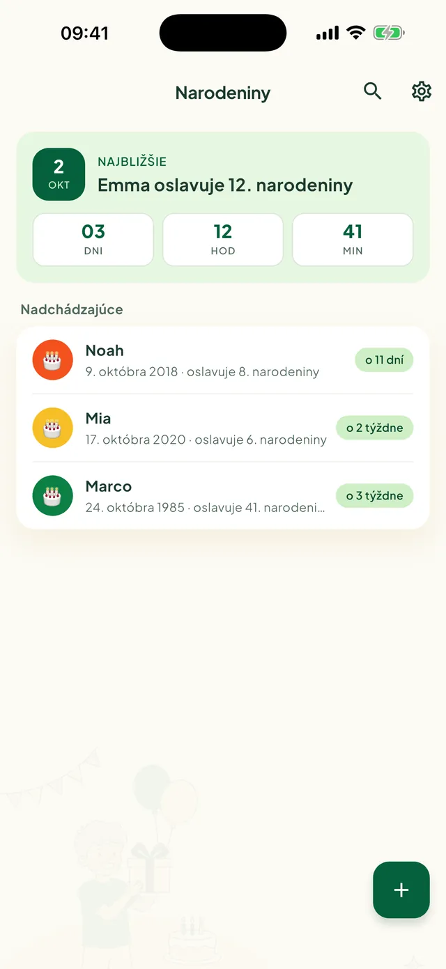 Nadchádzajúce narodeniny v aplikácii Daili
