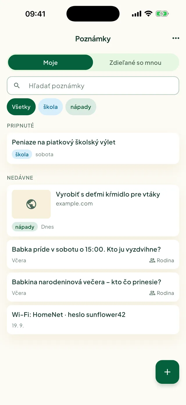 Poznámky rodiny v aplikácii Daili