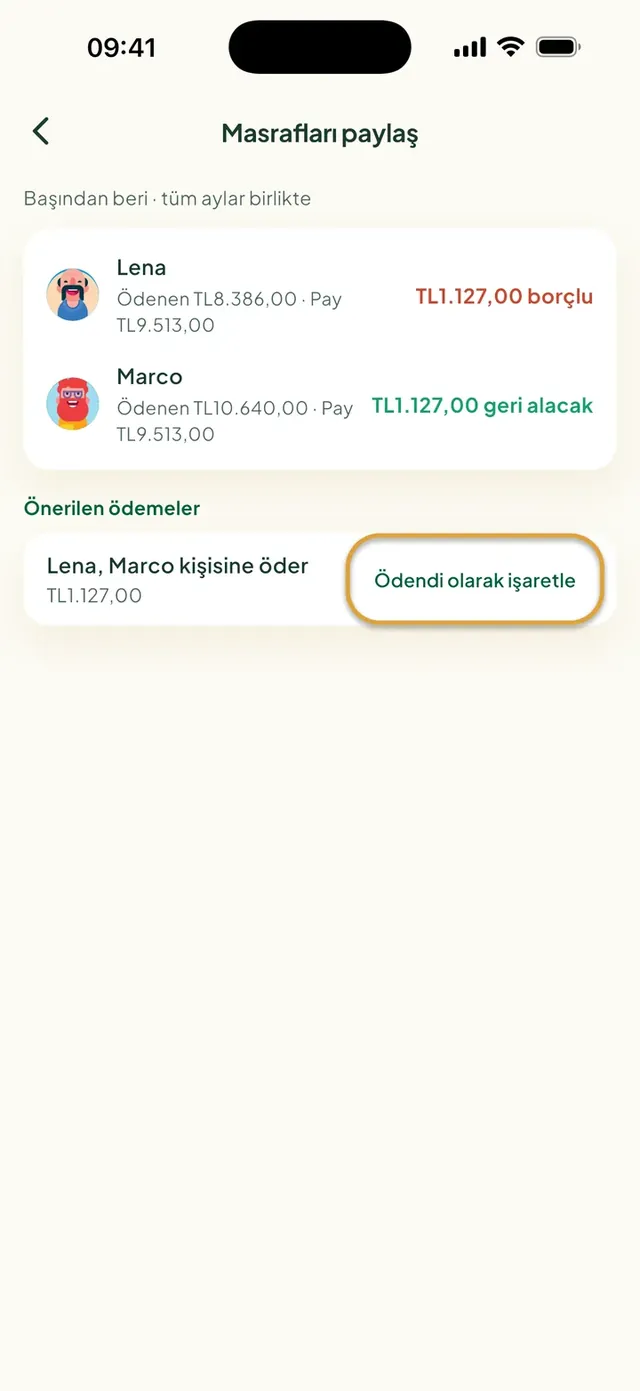 Daili uygulamasında Masrafları paylaş ekranı: kim kime borçlu ve Ödendi olarak işaretle