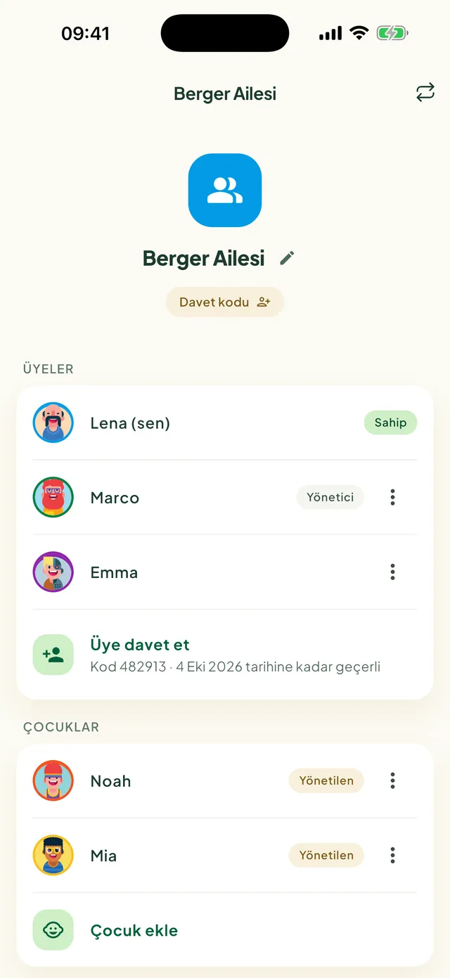Daili uygulamasında aile üyeleri ekranı