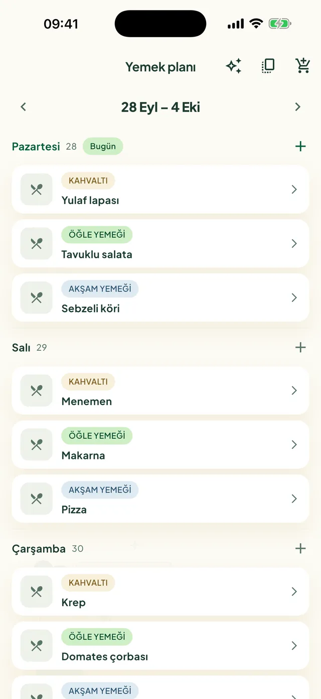 Daili uygulamasında haftanın yemek planı
