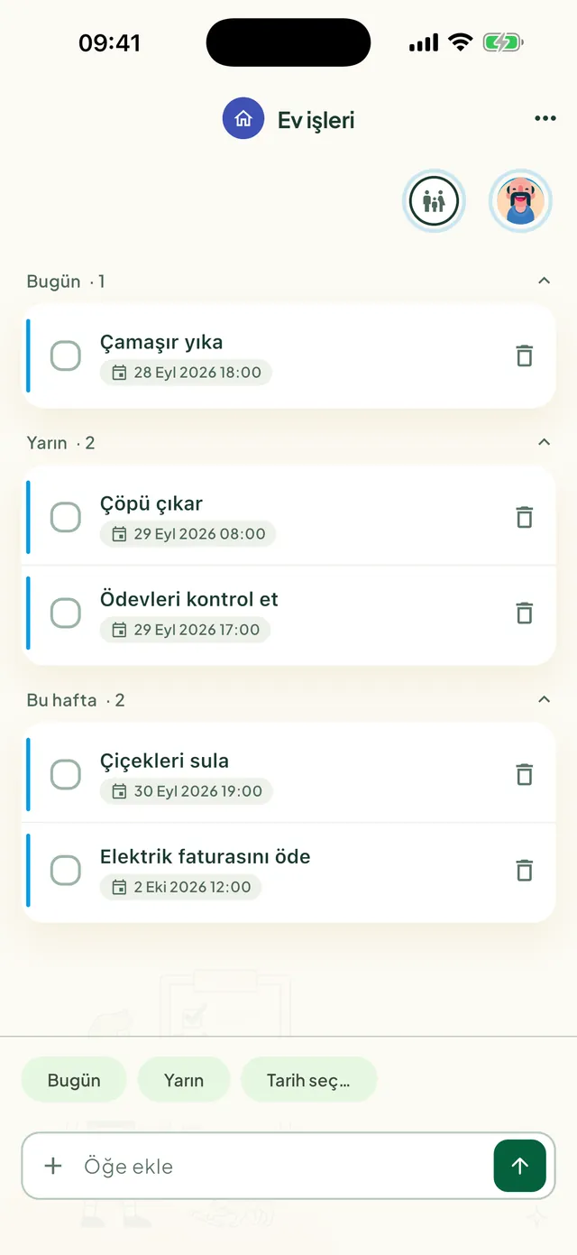 Daili uygulamasında ortak görev listesi