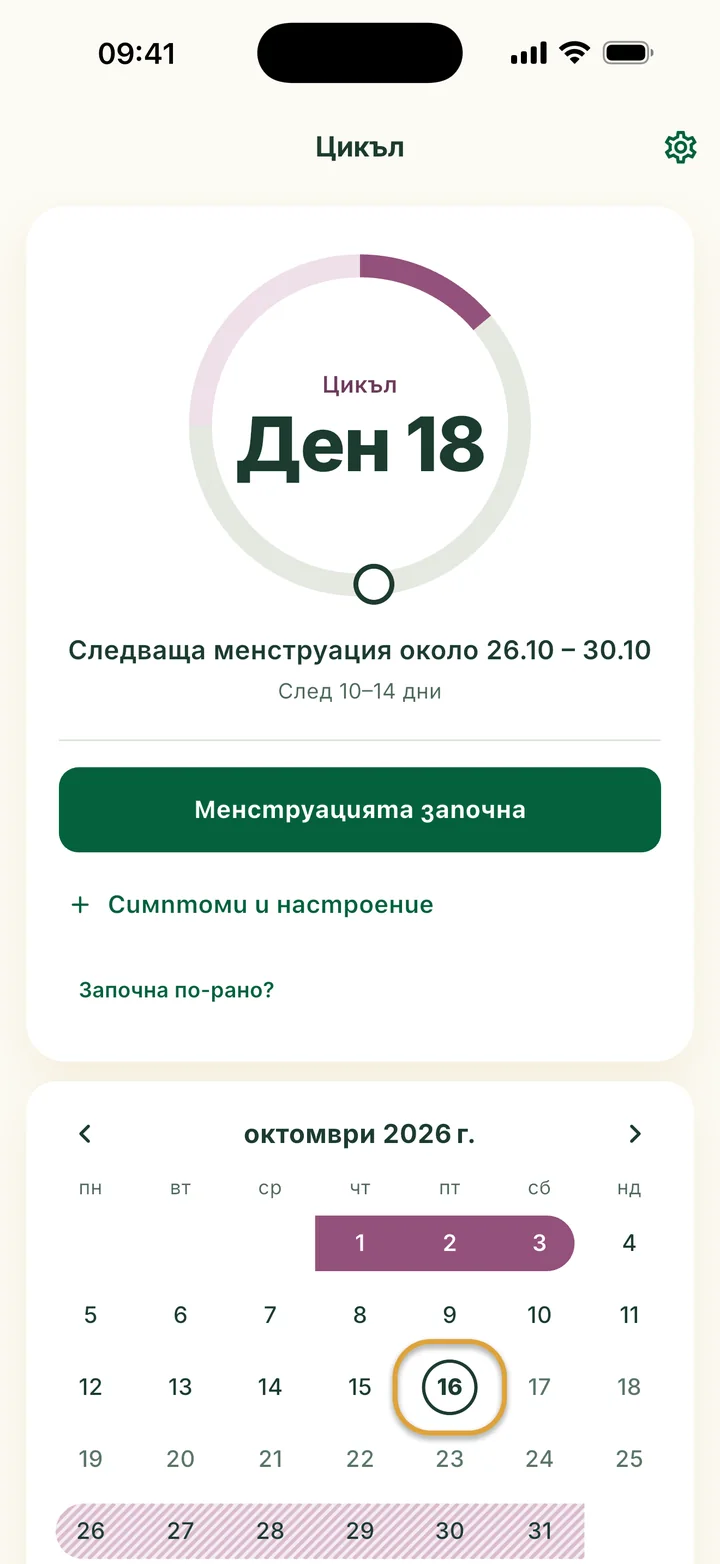 Картата Цикъл на ден 18: „Следваща менструация около 26.10 – 30.10“ и бутонът Менструацията започна. Днешният ден в месеца отдолу е ограден.