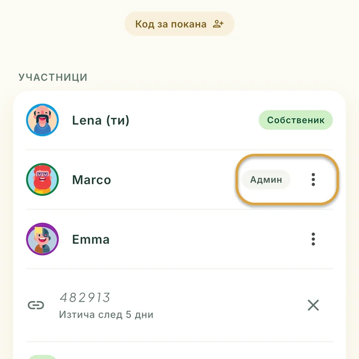 Списъкът Участници на екрана Семейство с етикети Собственик и Админ. Етикетът Админ и бутонът ⋮ до Marco са оградени.