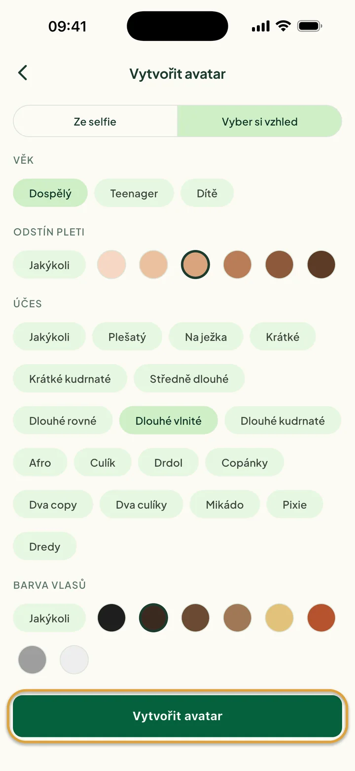 Vyber si vzhled se zvolenými možnostmi Dospělý, odstínem pleti a vlasy Dlouhé vlnité a Tmavě hnědá. Zakroužkované je Vytvořit avatar.
