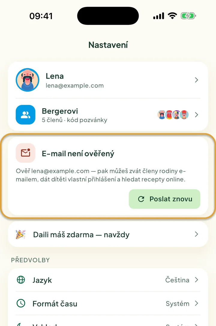 Horní část Nastavení. Zakroužkovaná je karta E-mail není ověřený s tlačítkem Poslat znovu.
