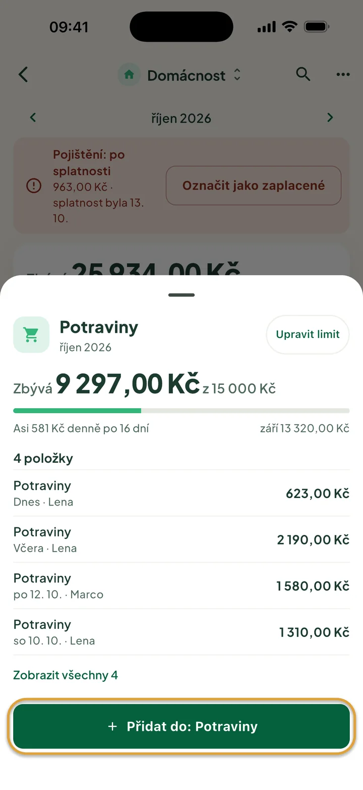 Kategorie Potraviny: zbývá 9 297,00 Kč z 15 000 Kč a čtyři položky. Tlačítko Přidat do: Potraviny je zakroužkované.