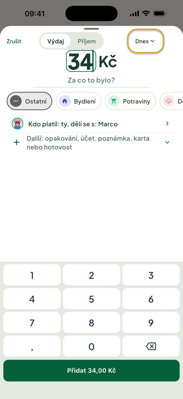 Přidání výdaje 34 Kč na číselné klávesnici. Tlačítko Dnes nahoře je zakroužkované.