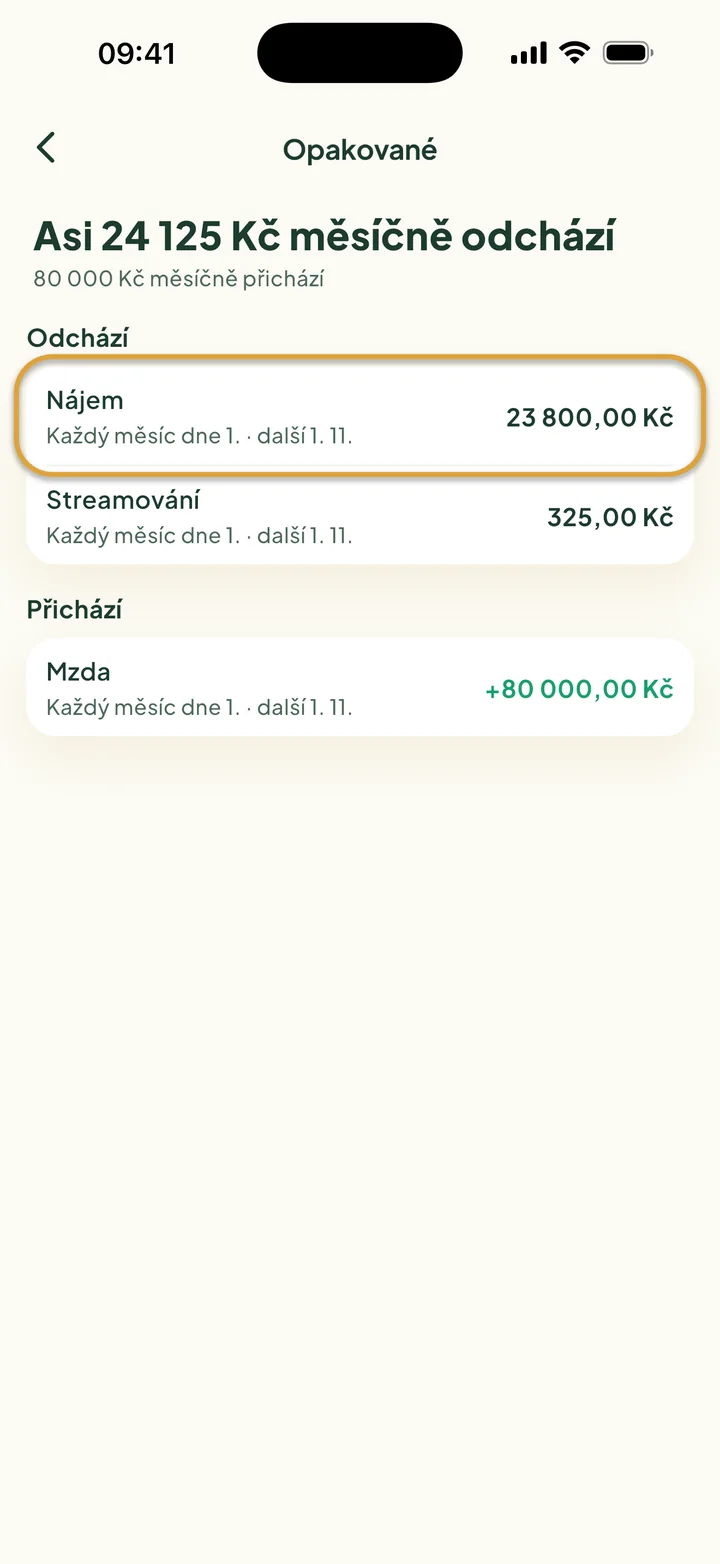 Obrazovka Opakované: asi 24 125 Kč měsíčně odchází, 80 000 Kč přichází. Nájem je zakroužkovaný.