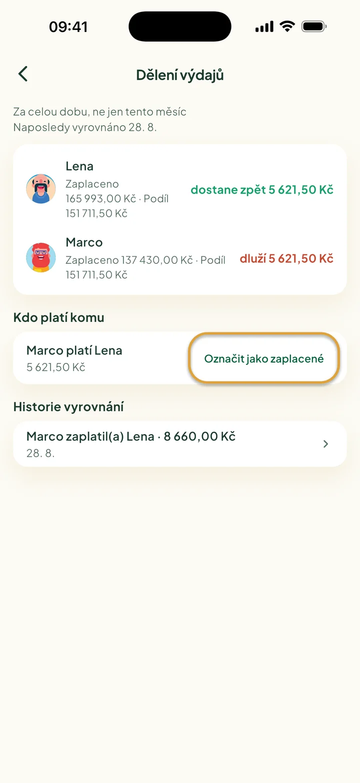 Obrazovka Dělení výdajů. Marco platí Leně 5 621,50 Kč. Tlačítko Označit jako zaplacené je zakroužkované.