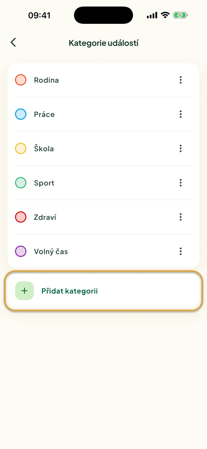Obrazovka Kategorie událostí se šesti kategoriemi. Zakroužkovaný je řádek Přidat kategorii.