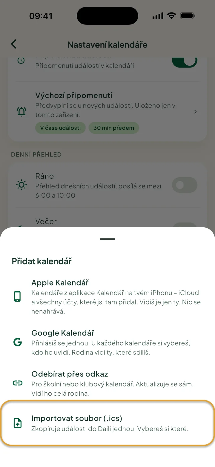 Panel Přidat kalendář v nastavení kalendáře. Zakroužkovaná je volba Importovat soubor (.ics).