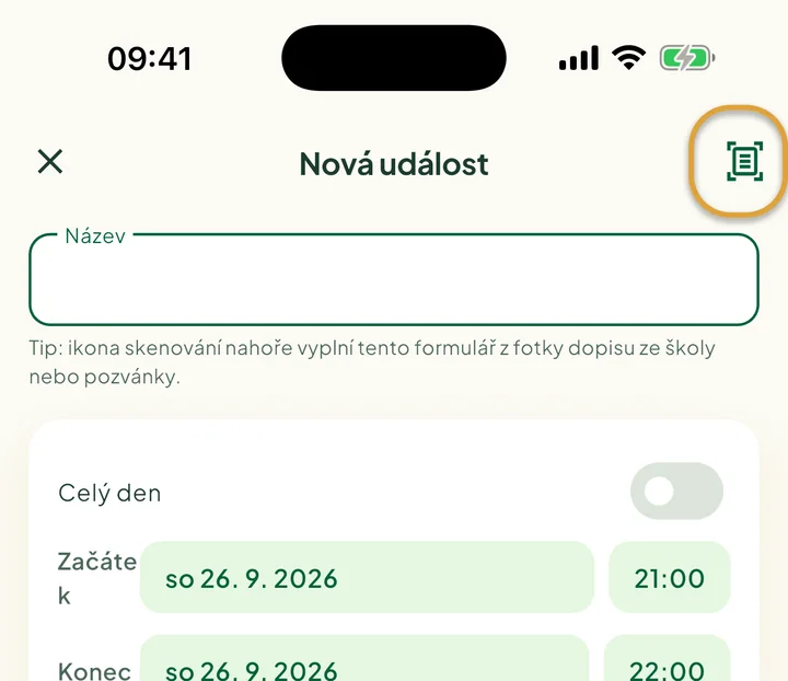 Obrazovka Nová událost. Ikona skenování vpravo nahoře je zakroužkovaná.