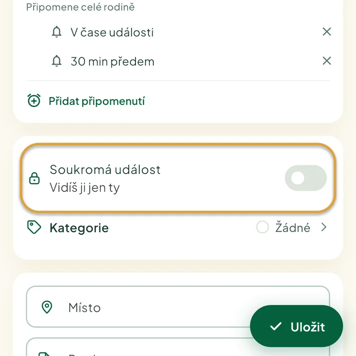 Formulář události. Zakroužkovaný je přepínač Soukromá událost.