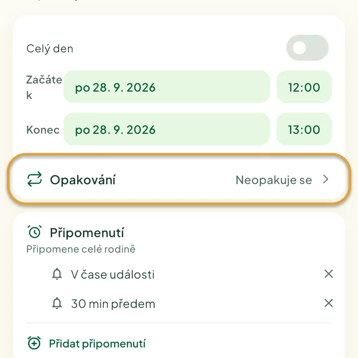 Formulář nové události. Zakroužkovaný je řádek Opakování.