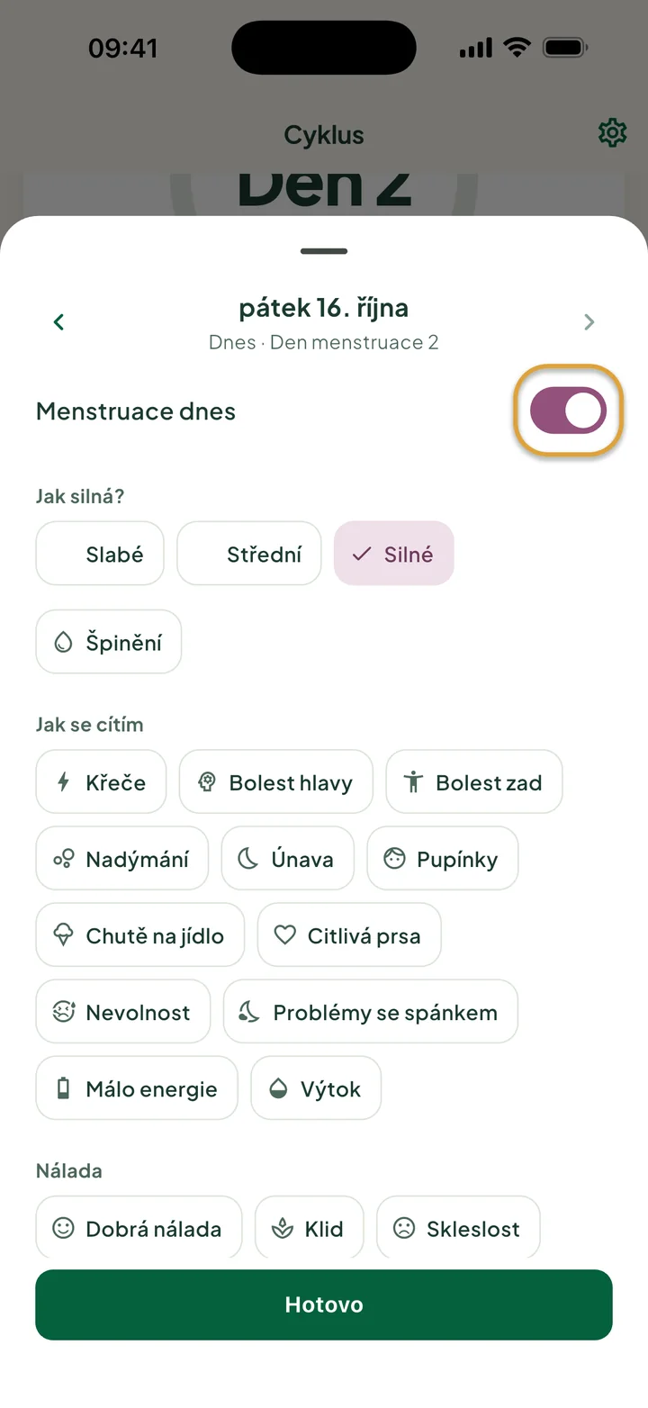 Panel dne pátek 16. října: Menstruace dnes je zapnutá a vybrané je Silné. Přepínač je zakroužkovaný.