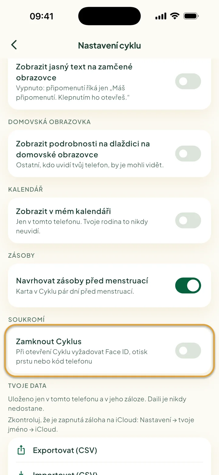 Nastavení cyklu se Zobrazit v mém kalendáři, přepínačem zásob a Exportovat a Importovat. Zakroužkované je Zamknout Cyklus.