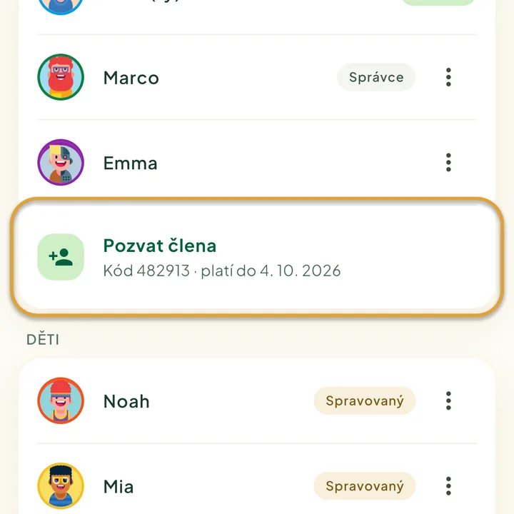 Obrazovka Rodina. Zakroužkované je Pozvat člena a pod ním aktuální kód s datem platnosti.